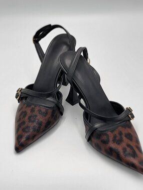 Leopard Print Pointed Toe Heels With Adjustable Straps & Gold Buckles - Womens E